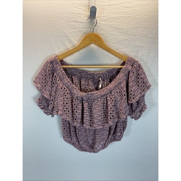 Free People That Girl Eyelet Off The Shoulder Ruffle Crop Top Size‎ XS purple - Picture 2 of 8